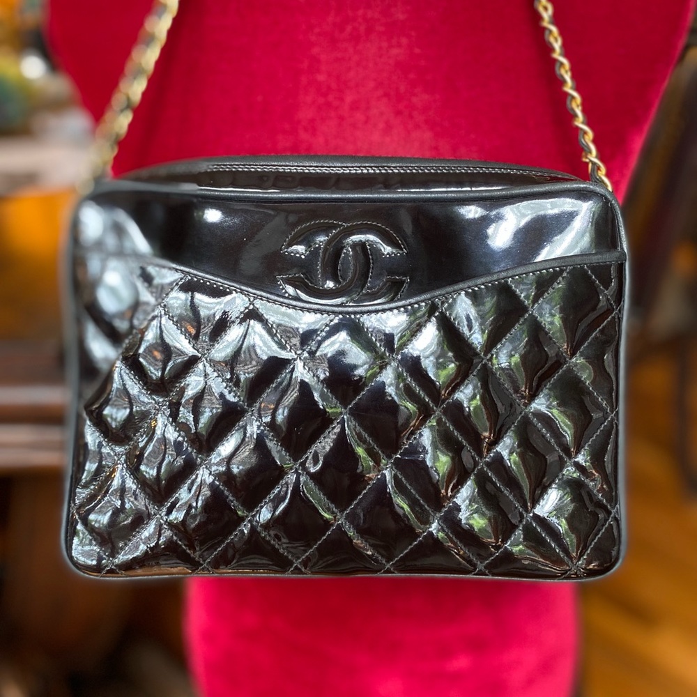 Chanel 1986 Black Patent CC Tassel Camera Bag